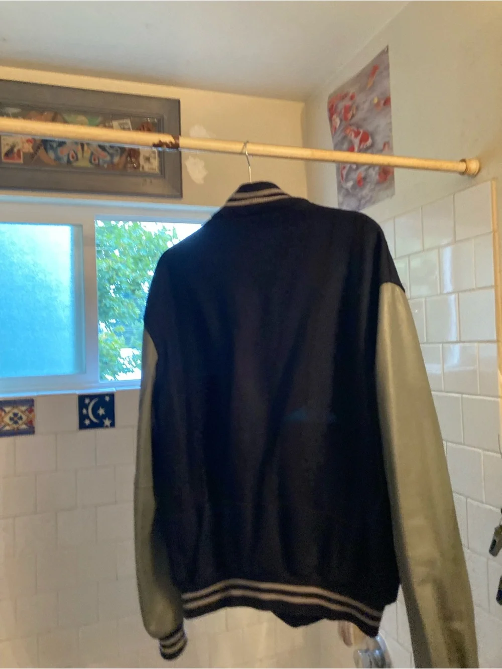 Vintage Navy/Grey varsity wool/leather jacket. Made in Portland by Settlemeier's